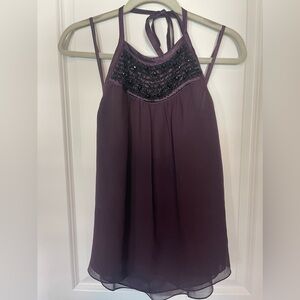 Purple eggplant high neck beaded open back chiffon halter tank top